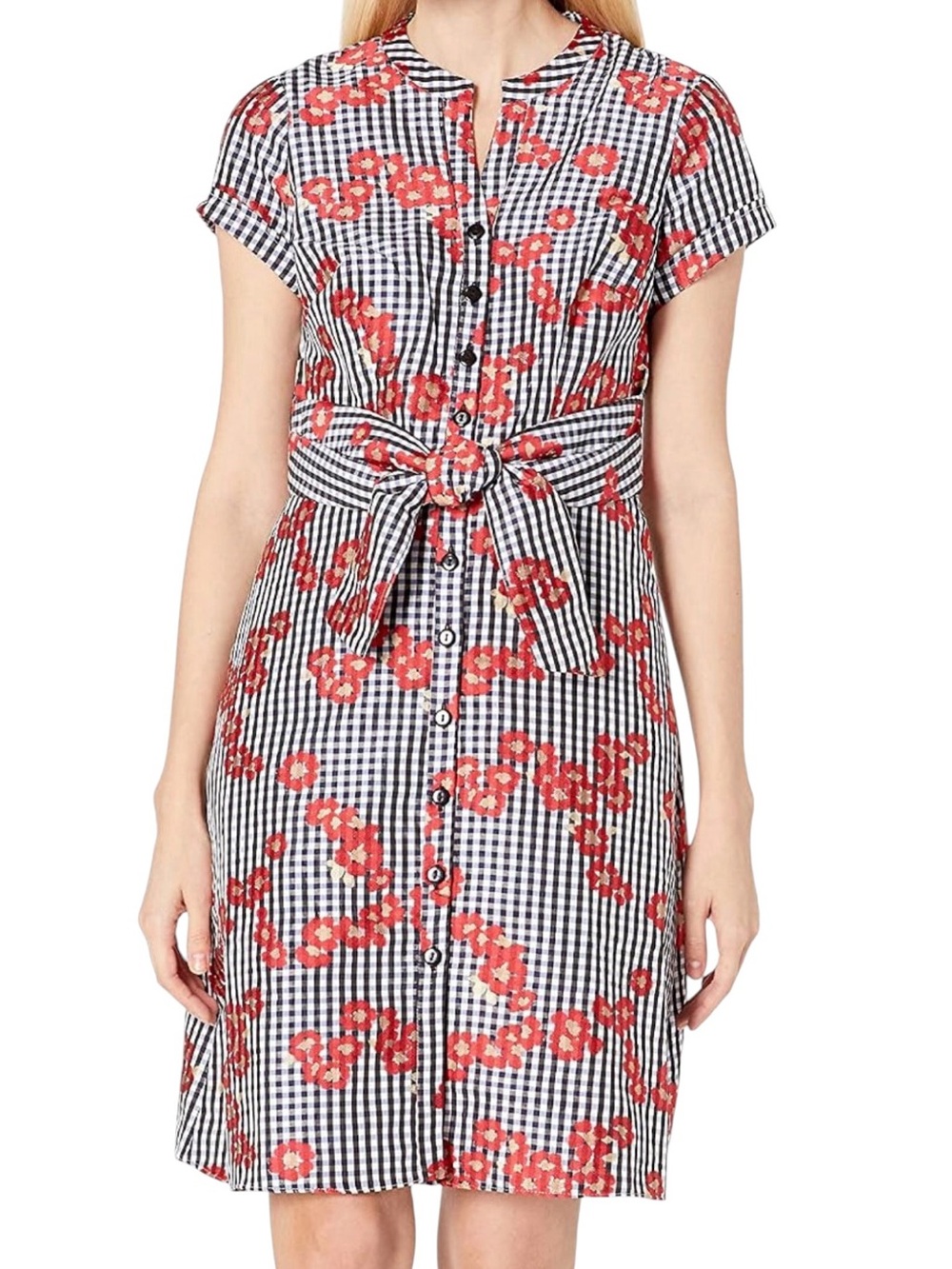 Adrianna Papell Women's Gingham and Floral Flared Embroidered Shirt Dress Size 6